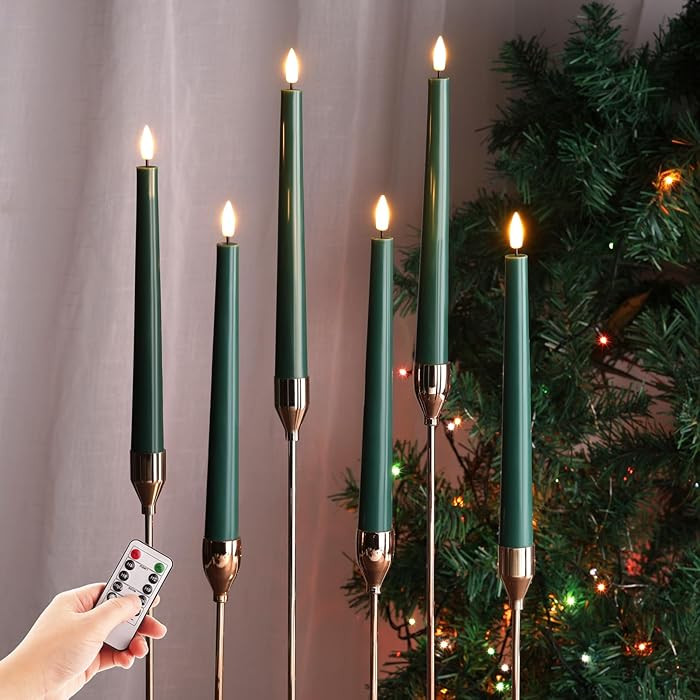 Eywamage Dark Green Flameless Taper Candles with Remote, Flickering Battery Operated LED Wax Cand... | Amazon (US)
