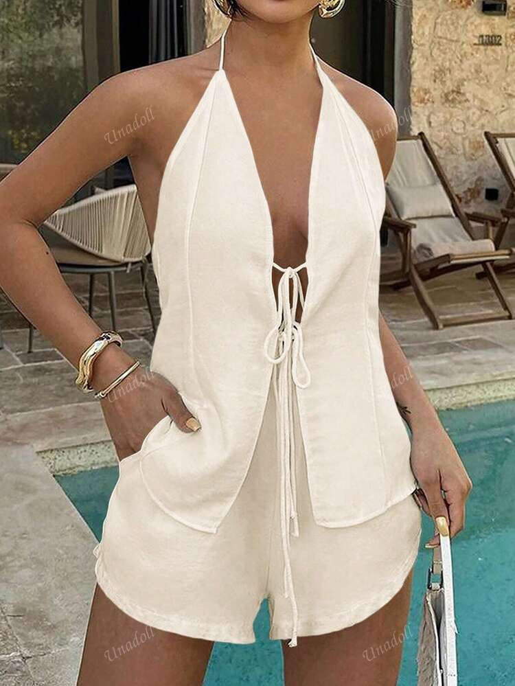 Unadoll Women's Sexy Casual Open Collar Hanging Neck Bareback Strap Design Short Two Pieces Set, Suitable For Home Beach Vacation, Date, Music Festival, Back To School | SHEIN