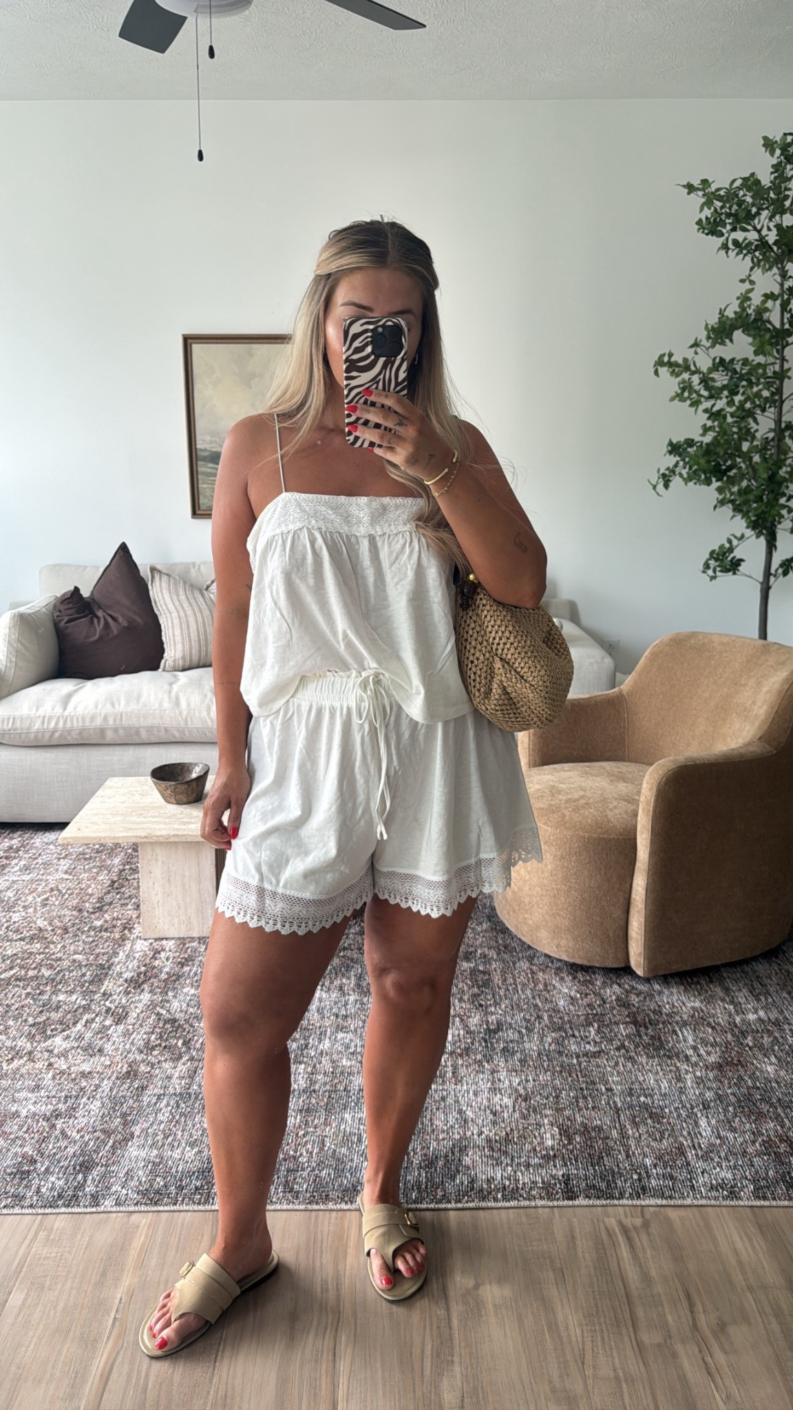 Comfiest & easiest outfit!!! 🤍 I need to size down tho — I’m wearing a large top (need a medium, maybe even a small) and shorts are an XL (need a large) 
