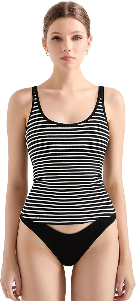SUUKSESS Women Padded Ribbed Long Tank Tops Summer Going Out Basic Scoop Neck Cami Tops | Amazon (US)