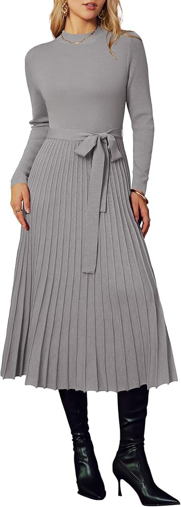 Arach&Cloz Women's Wool Blend Mock Neck Tie Waist Fall Winter Pleated Sweater Dress 2026 | Amazon (US)