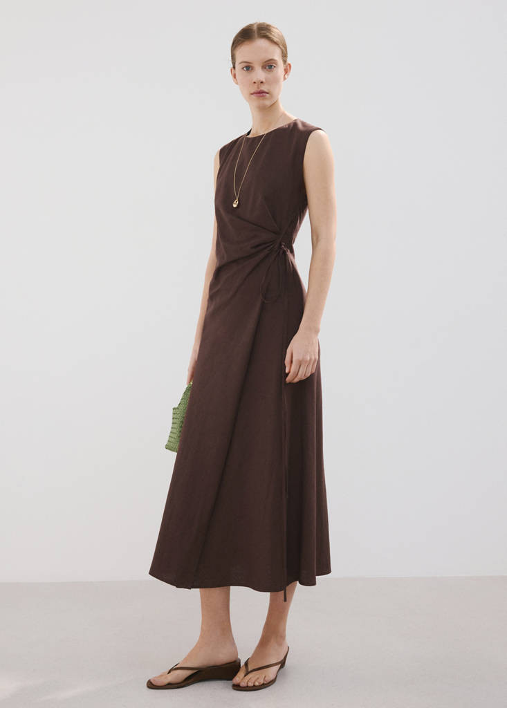 Linen-blend wrap dress chocolate - Woman - 6 - MANGO | Mango (US/MX/AU)
