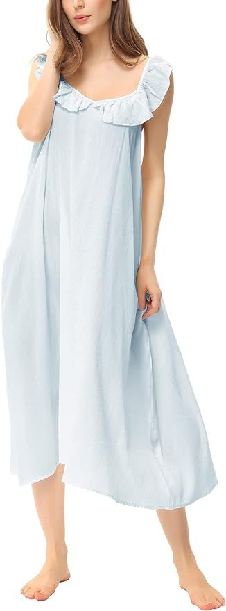 Zexxxy Women's Cotton Nightgowns Victorian Sleeveless Long Sleeping Dress Cute Ruffle Spaghetti S... | Amazon (US)