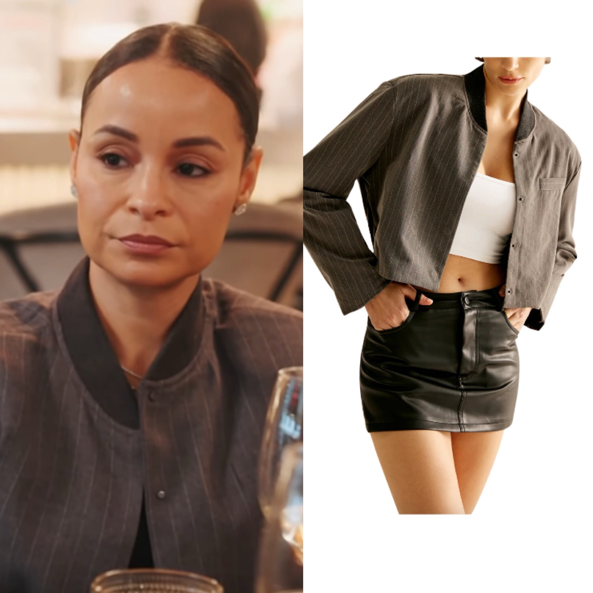 Sai De Silva’s Grey Pinstripe Bomber Jacket 