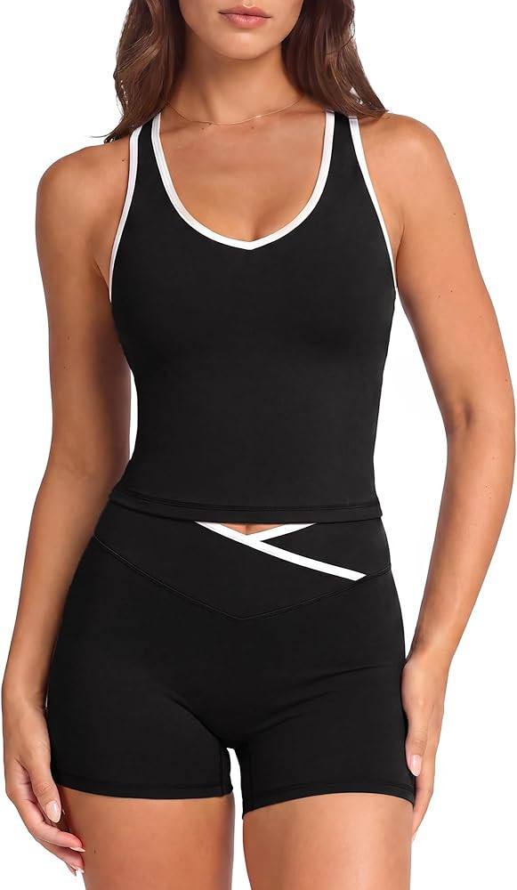 SUUKSESS Women 2 Piece Workout Sets Built in Bra Yoga Tank Top High Waisted Tummy Control Biker S... | Amazon (US)