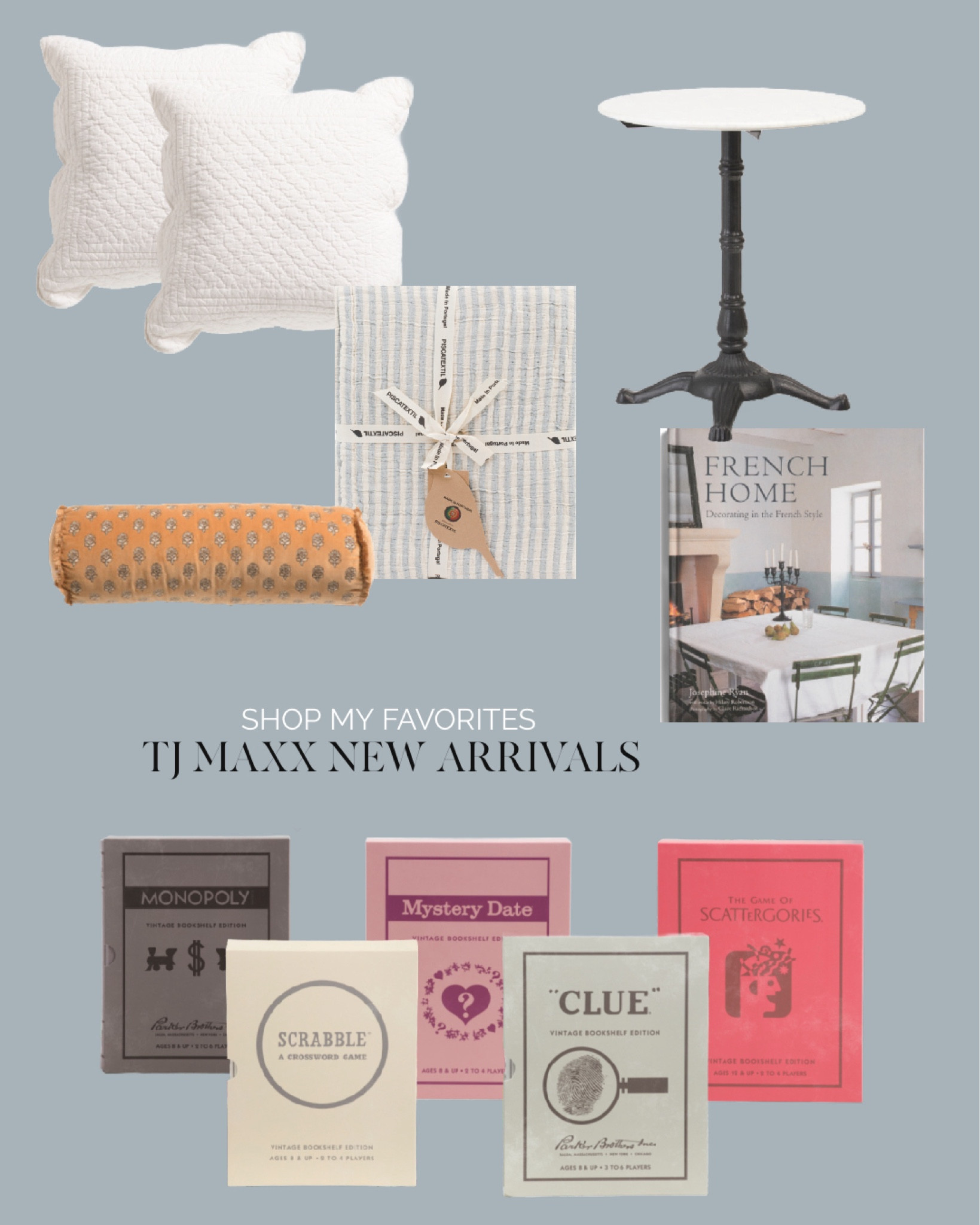 Tj Maxx New Arrivals, real marble bistro table, white quilted euro pillows, orange velvet bolster pillow with block print, linen cover board games, French home coffee table book, made in Portugal striped soft throw blanket bed cover 



#LTKSaleAlert #LTKFindsUnder50 #LTKHome