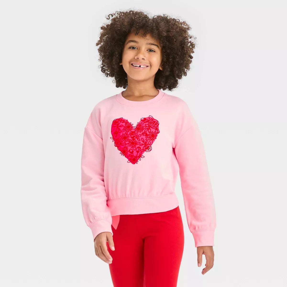 Girls' French Terry Valentine's Day Floral Hearts Pullover Sweatshirt - Cat & Jack™ Pink XS | Target
