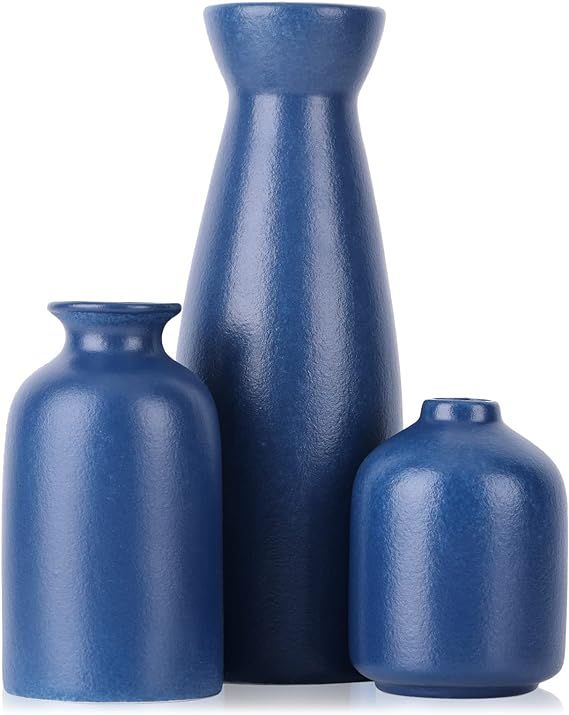 Dark Blue Ceramic Vase Set - 3 Navy Blue Vase, Farmhouse Country Blue Vases Home Decor, Living Ro... | Amazon (US)
