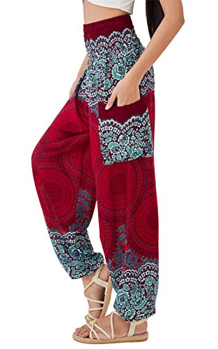 Joob Joob Boho Pants for Women - Hippie Harem Pants Women - Womens Yoga Pants – Comfy Bohemian Flowy Hippie Clothes - Red Large | Amazon (US)