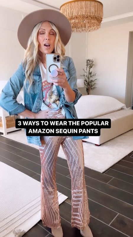 Three ways to wear the popular Amazon sequin pants. Wearing a small for reference and they come in other colors. 

#amazonfashion #amazonfinds #gamedayoutfit

#LTKfit