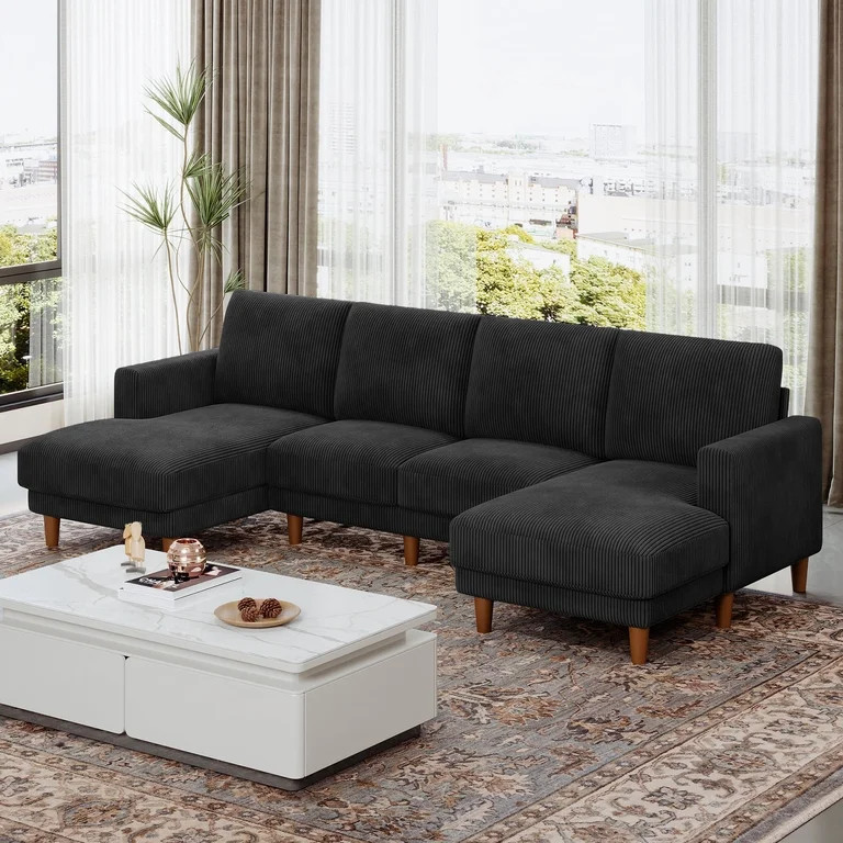106" Corduroy Sofa for Living Room, U Shaped Couch, Wood Frame, Black | Walmart (US)