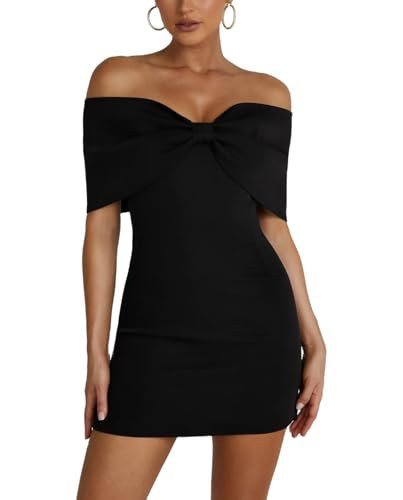 Pinclodly Women's Off Shoulder Mini Dress Short Sleeve Bow Front Sexy Bodycon Dresses Casual Solid Slim Fit Short Dress Black | Amazon (US)
