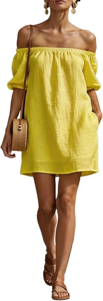 2026 Summer Off Shoulder Cotton Linen Dress for Women Short Puff Sleeve Casual Shift Mini Dress w... | Amazon (US)