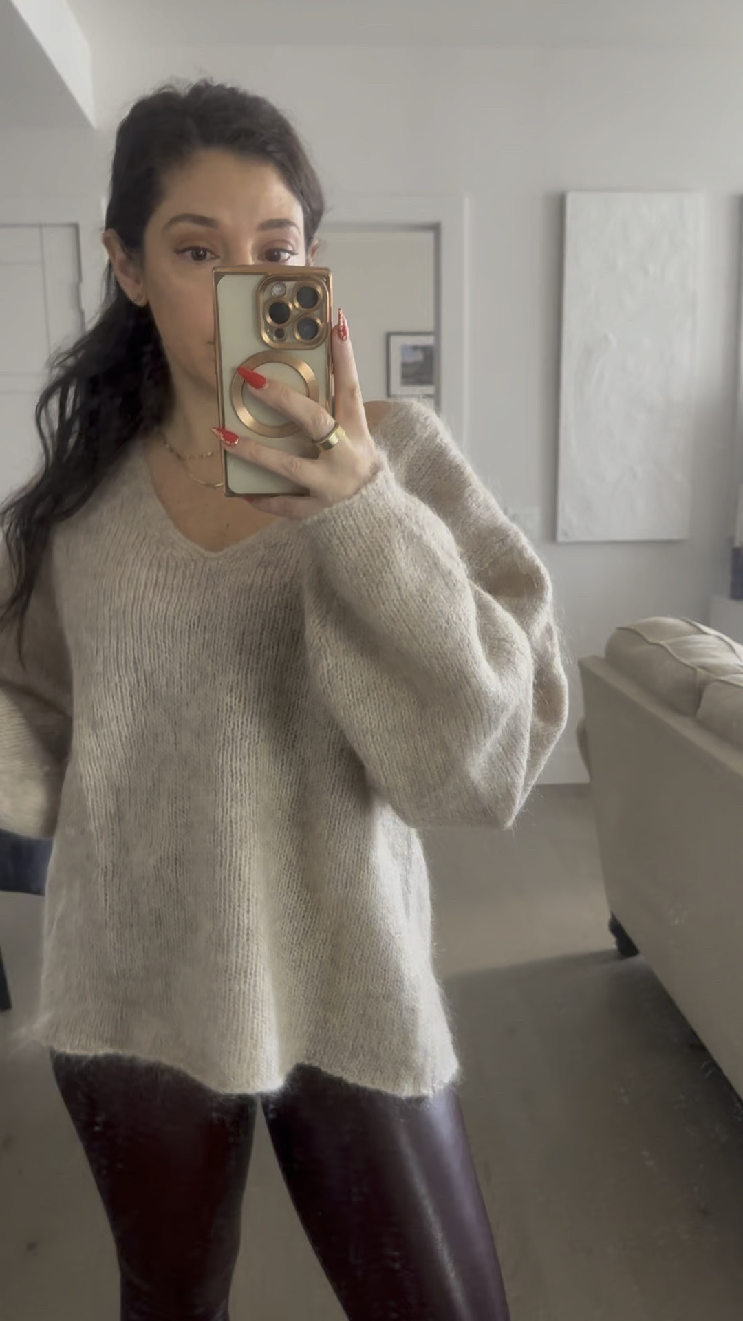 My cozy go to look is an oversized sweater and faux leather leggings. I love these commando leggings in the deeper tones like oxblood and army green. It adds a bit of dimension versus always wearing black  

#LTKSeasonal #LTKstyletip #LTKVideo