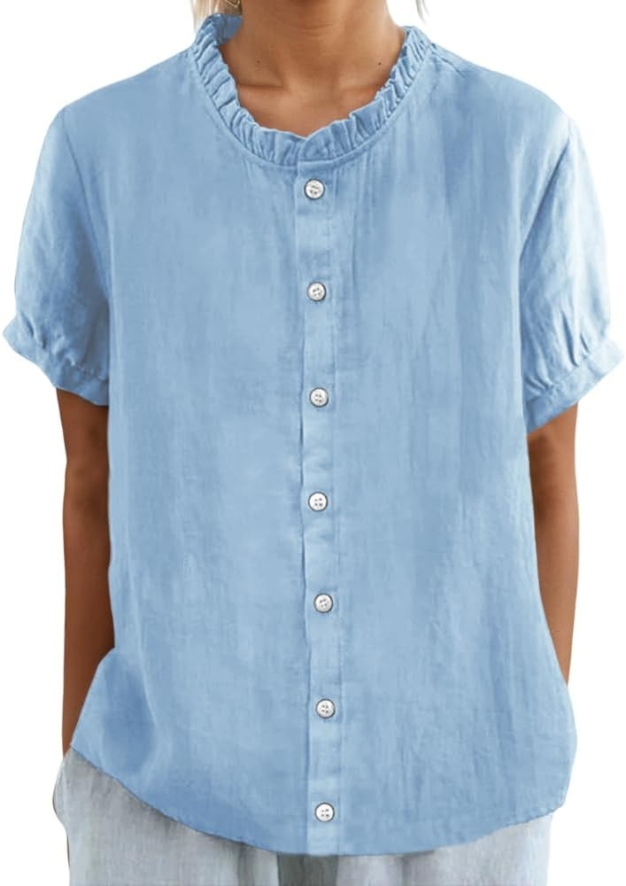 Womens Linen Short Sleeve Ruffled Neck Button Down Shirts Summer Lightweight Cute Dressy Casual L... | Amazon (US)