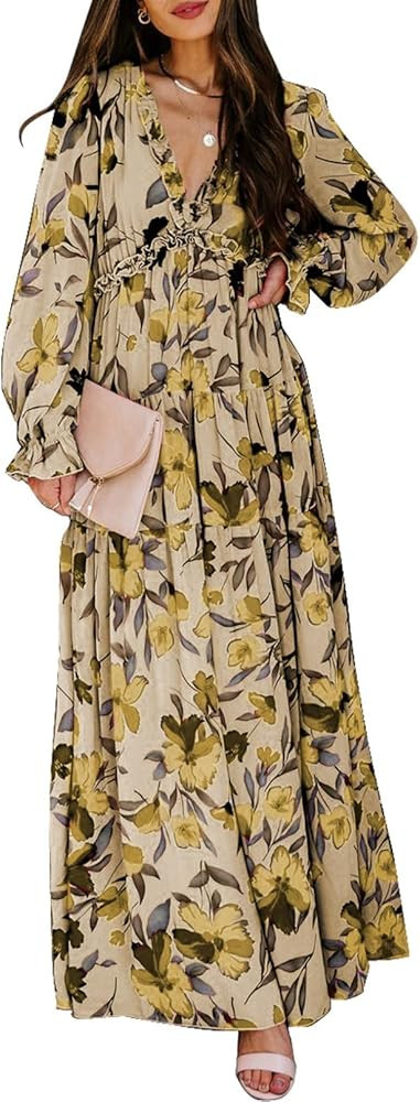BLENCOT Womens Casual Floral Deep V Neck Long Sleeve Long Evening Dress Cocktail Party Maxi Weddi... | Amazon (US)