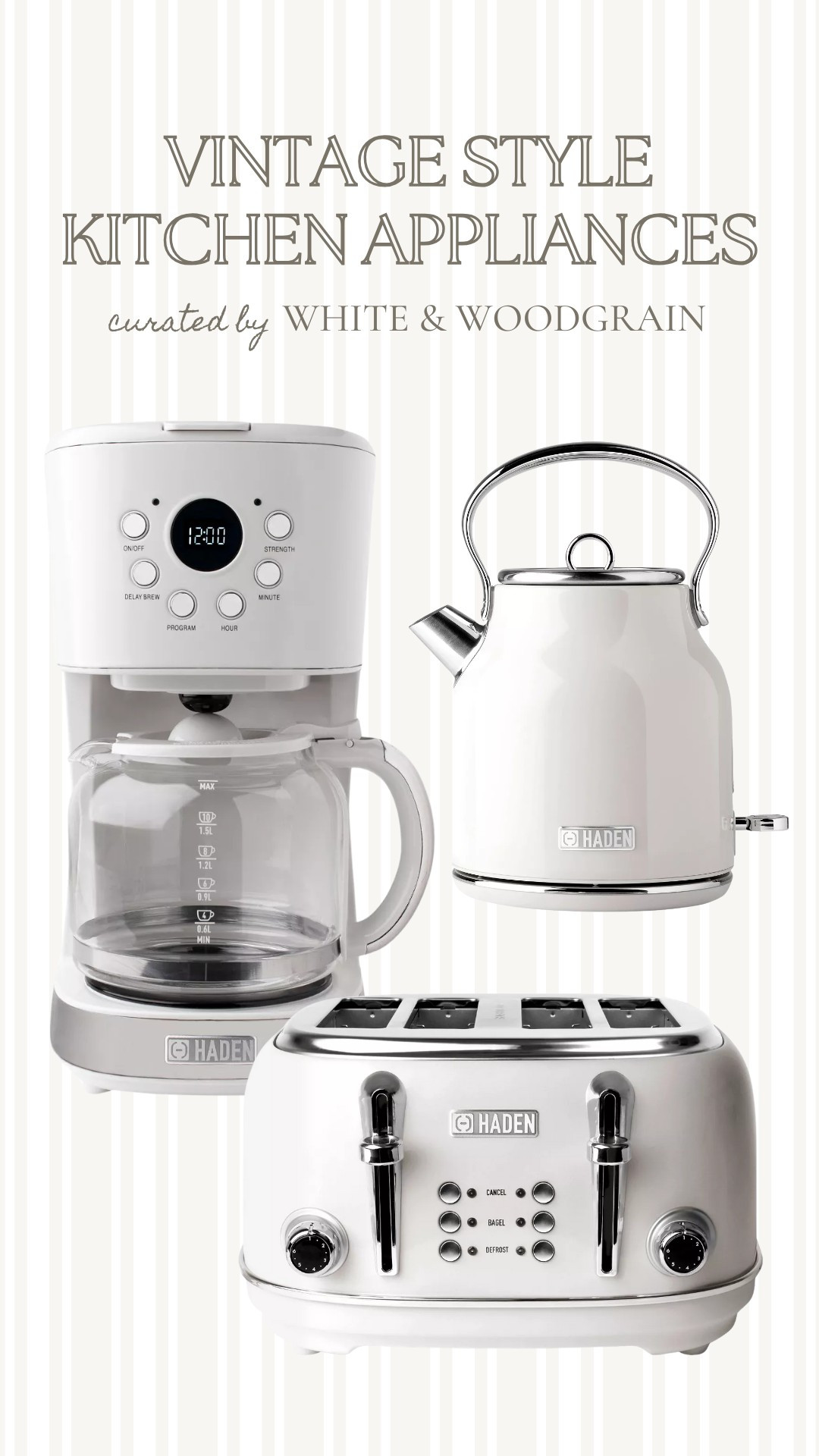 We love our Haden toaster and our Haden coffee pot! Considering adding the tea kettle next because that is the one thing I miss about the Keurig (it was so easy to heat up a single cup of water). My favorite part about these pretty kitchen appliances - they look like vintage kitchen appliances and they are beautiful! AND they're white, which I LOVE!! But they come in other colors too if white isn't your fave. They're also way more affordable than the Smeg versions which is a huge plus.  

 #LTKHome #LTKFindsUnder100