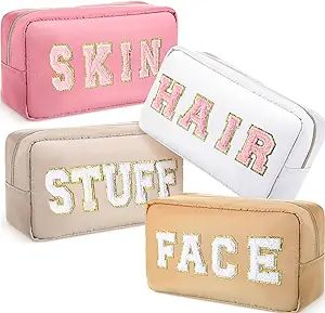 Remerry 4 Pcs Nylon Cosmetic Bag Travel Organizer Chenille Letter Makeup Pouch Zipper Preppy Wate... | Amazon (US)