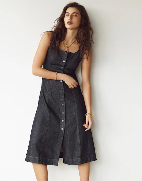 Airy Denim Squareneck Button-Front Midi Dress | Madewell
