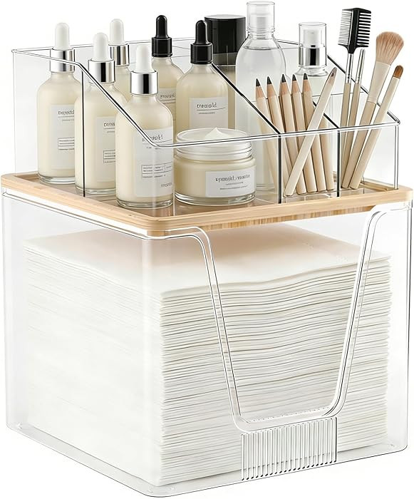 2 in 1 Disposable Facial Towel Holder and Cosmetic Organizer, Clear Storage with Bamboo Lid Compa... | Amazon (US)