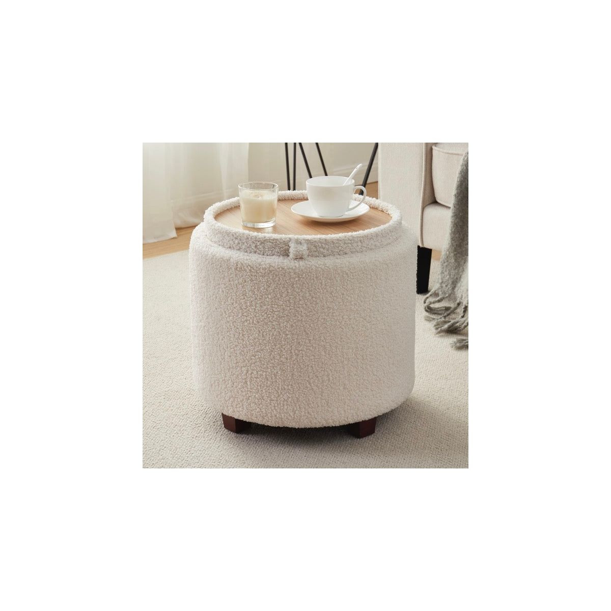 Ornavo Home Lawrence Round Boucle White Storage Ottoman with Table Top Lid | Target