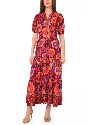 Women's Short Sleeve Mock Neck Floral Print Chiffon Dress | Belk