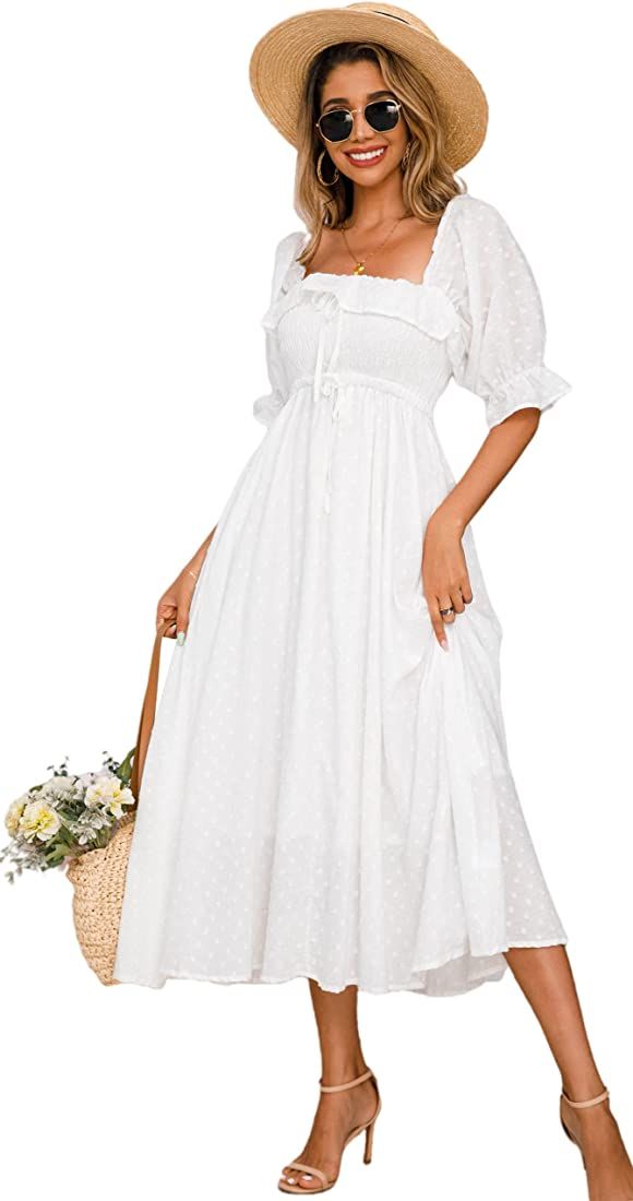 R.Vivimos Women's Polka Dot Slim Fit Half Sleeve Dresses Square Collar Long Midi Dress | Amazon (UK)