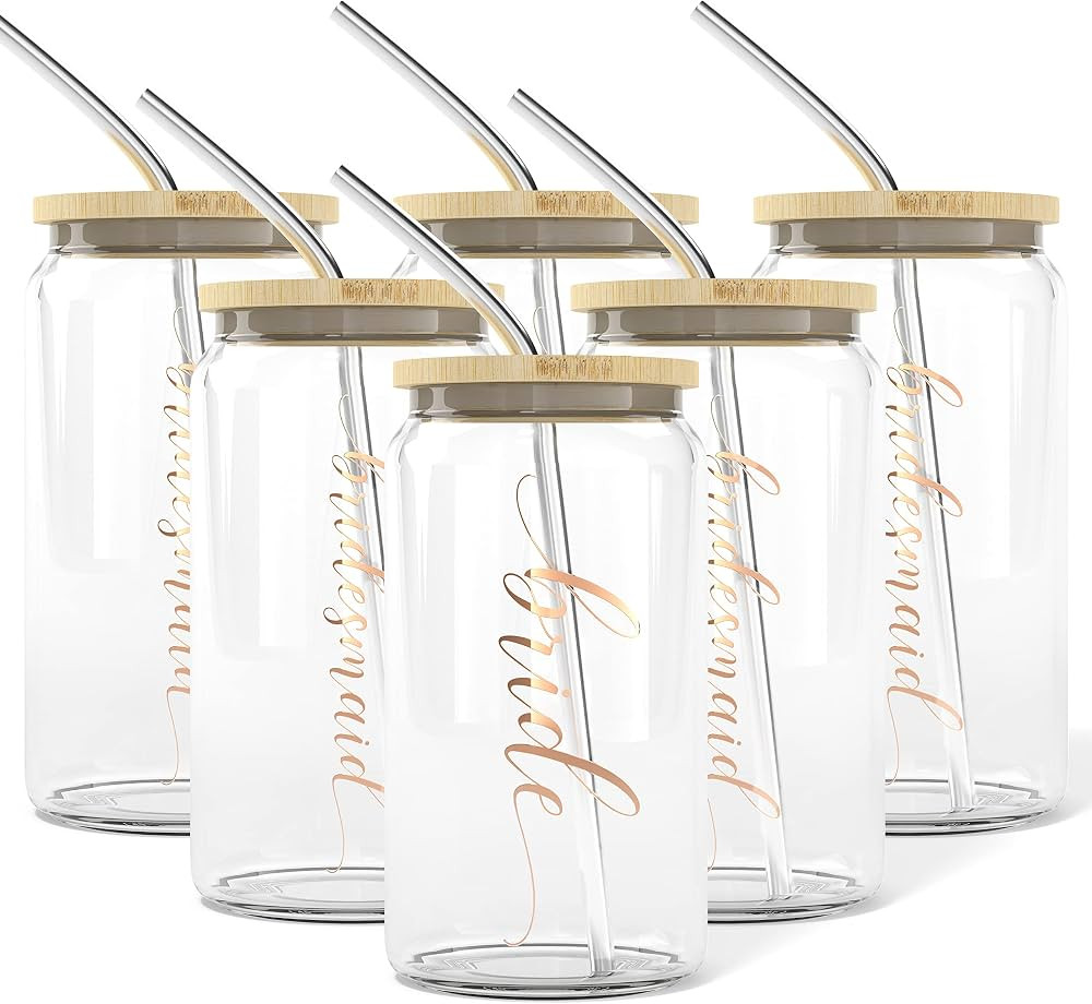 Bride to Be Iced Coffee Cup with Bamboo Lids and Straws | 16 oz Mason Jar Cups | Bridesmaid Propo... | Amazon (US)