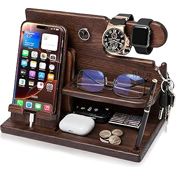 Amazon.com: TESLYAR Wood Phone Docking Station for Men - Desk or Nightstand Organizer - Birthday ... | Amazon (US)