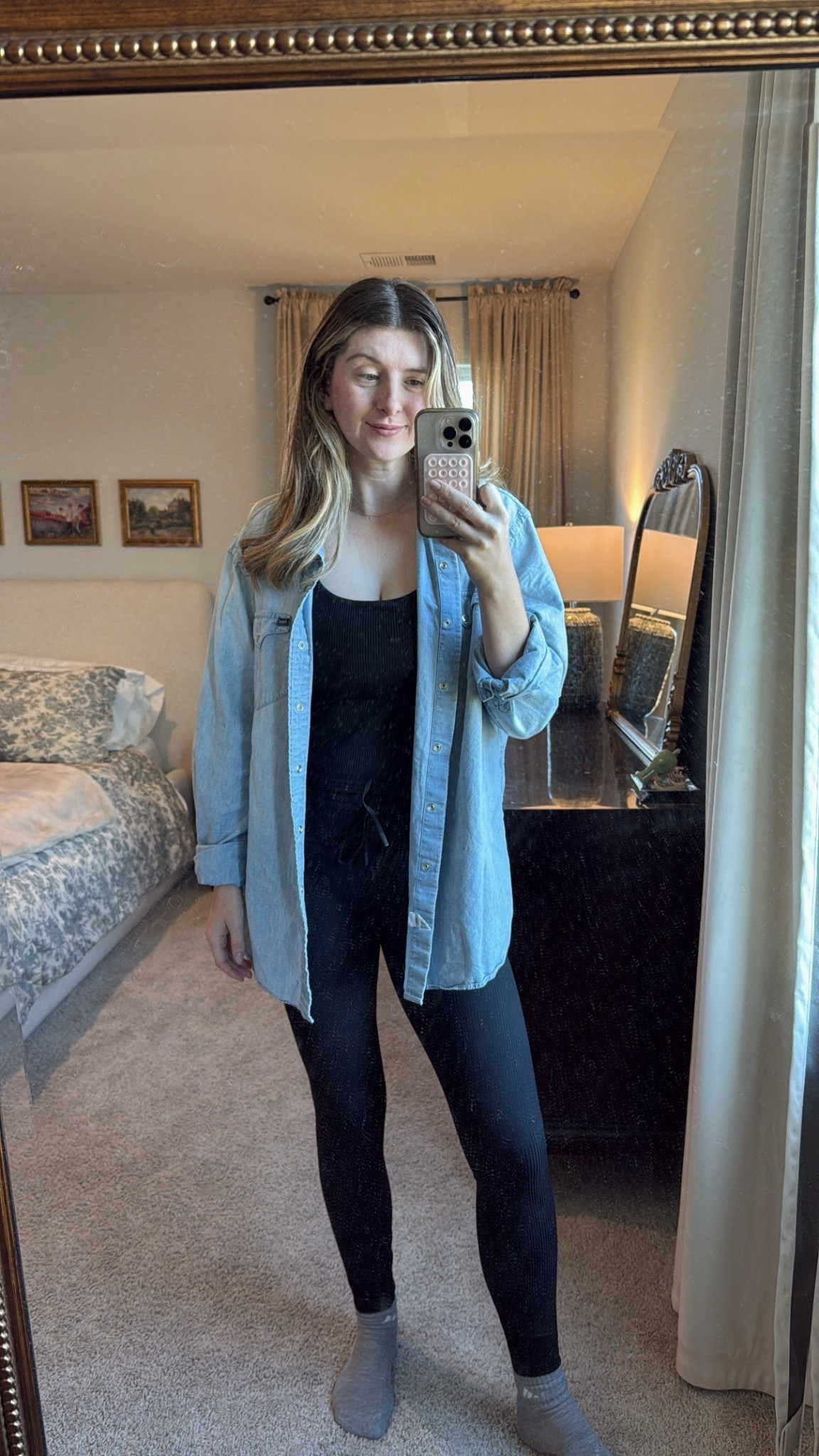 Work from home / active uniform - matching set + oversized denim shirt. I’ve had this men’s shirt from the Ralph Lauren Wild West collection for almost a decade and it’s still my favorite for the fit. It’s a size large. I found some that are selling on eBay and poshmark if you’re looking for this exact shirt! 
The Fabletics set I’m wearing is out of stock in the exact color but I linked the other version. I’m wearing a M in the top and leggings 😊

#LTKootd #LTKStyleTip #LTKActive
