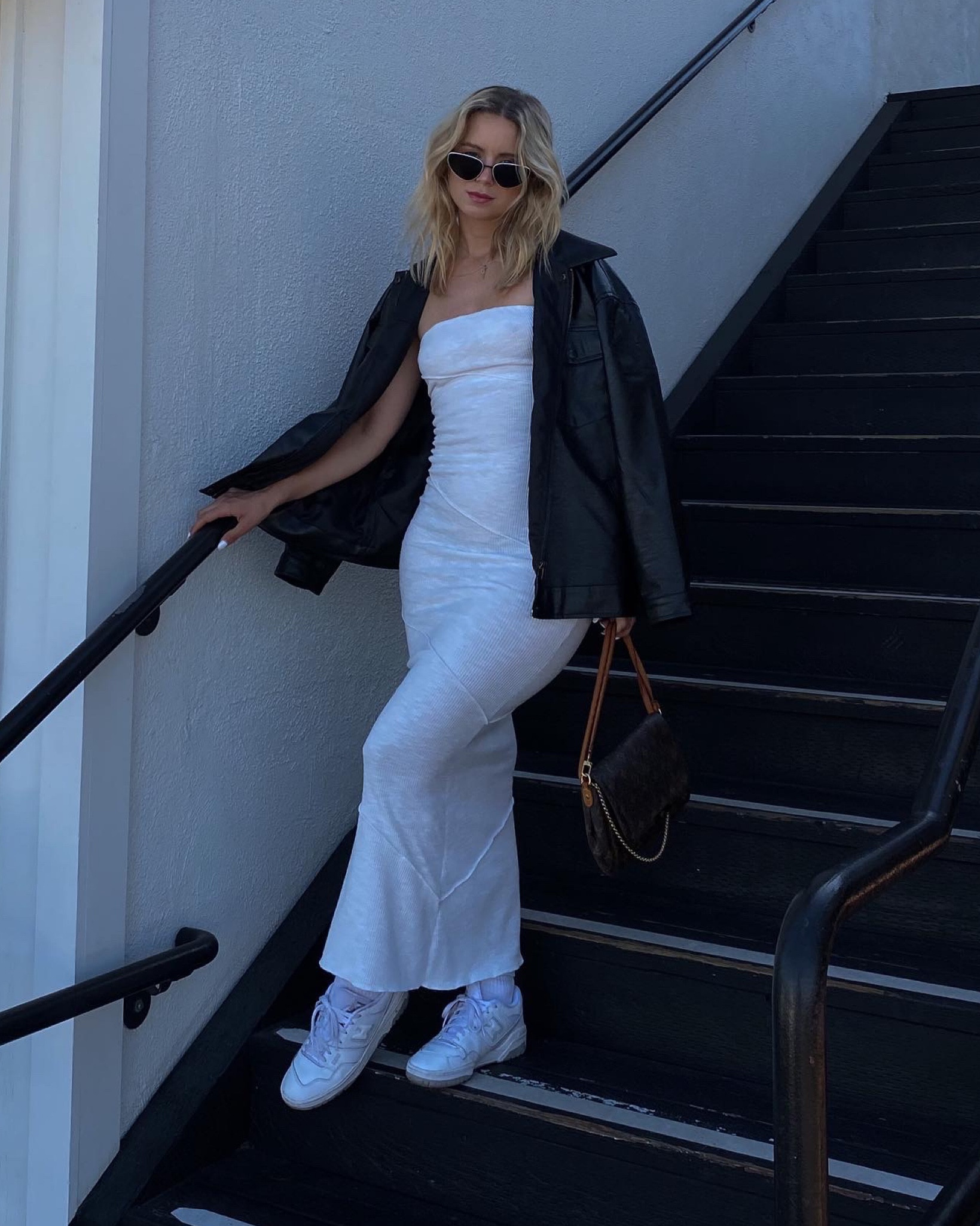 new balance 550, streetstyle fashion, streetwear style, fall fashion, street wear sneakers, trendy shoes, white sneakers, leather bomber jacket, vegan jacket, maxi dress