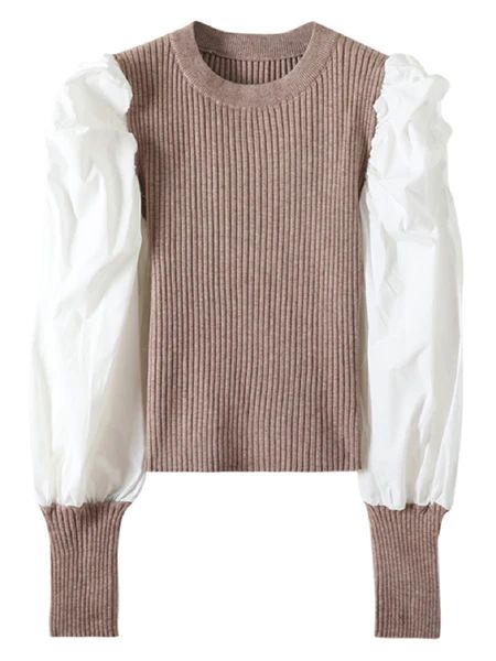 'Elle' White Shirt with Knit Puff Sleeves Top (3 Colors) | Goodnight Macaroon