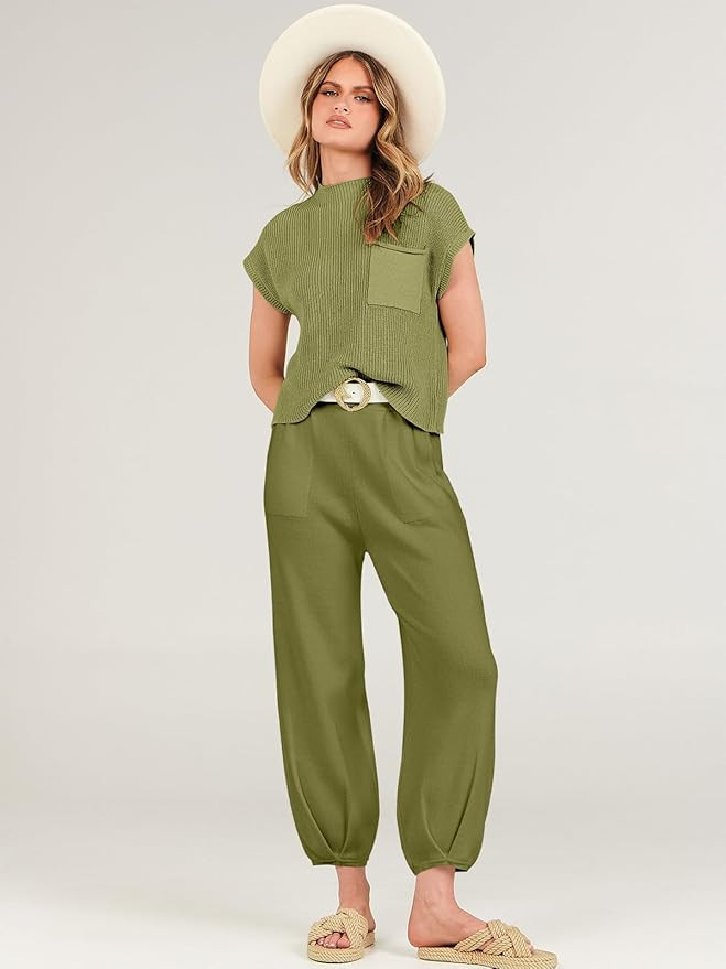 ANRABESS Women's Two Piece Outfits Sweater Sets Knit Pullover Tops and High Waisted Pants Tracksu... | Amazon (US)