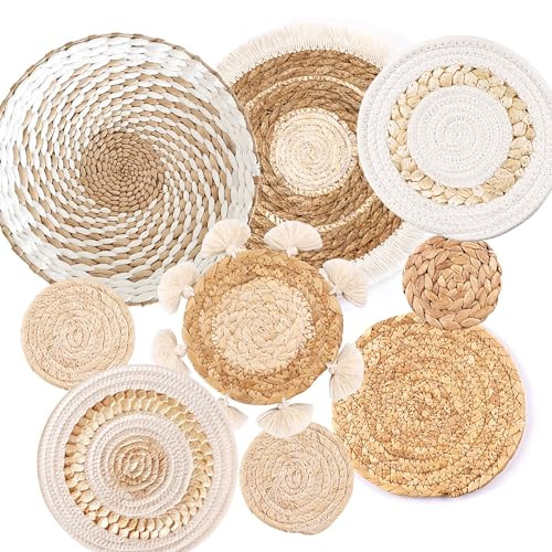 9 Pack Boho Wall Basket Set, hanging Woven Wall Basket Decor, Seagrass Rattan Wicker Boho Wall Decor, Eco-Friendly Round Art for Farmhouse Bedroom Living Room Display Table Settings Kitchen Home | Amazon (US)