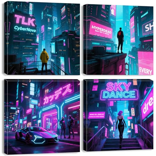 Extra Large Japanese Anime Wall Art for Living Room Bedroom Futuristic Cyberpunk Pictures Home Decor Tokyo Neon Night City Scene Poster Men Room Decor Modern Anime Paintings Artwork Decoration 24x24" | Amazon (US)