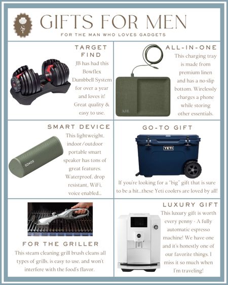 Gift guide for men who love gadgets - great for husbands, dads, father-in-law, grandfathers, teenage boys 

Gift ideas for men, holiday gifts, Christmas, Target find, bow flex dumbbell weights, portable wireless speakers, tech gifts, steam cleaning grill brush, iPhone charging tray, wireless charger, Yeti cooler, espresso machine, luxury gift 

#LTKfindsunder100 #LTKGiftGuide #LTKmens