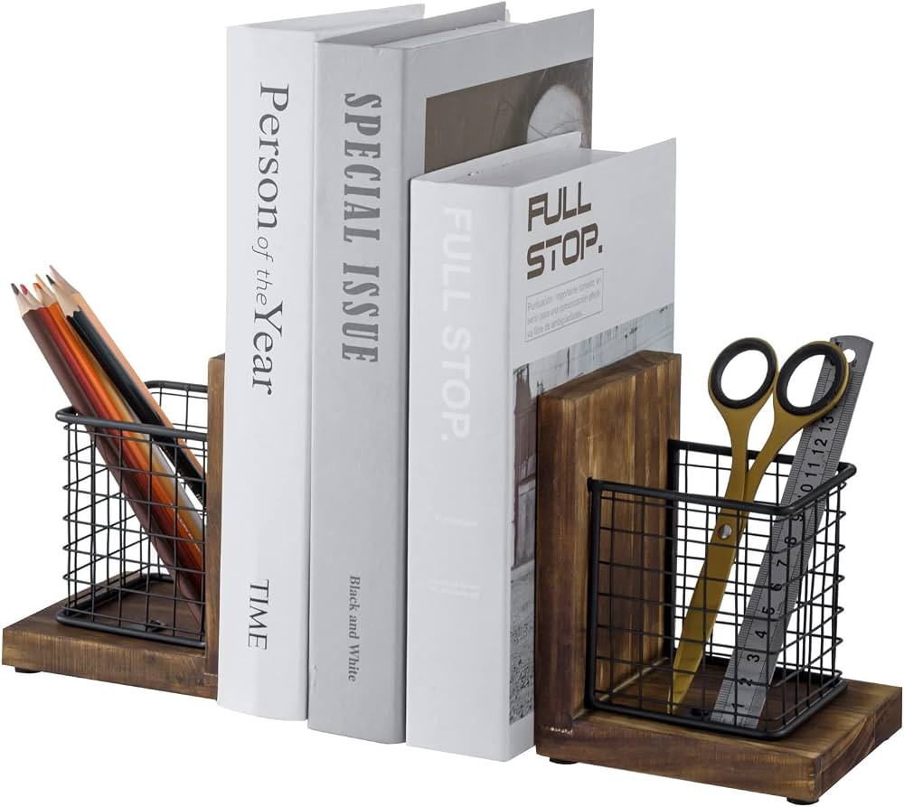 MyGift Rustic Burnt Wood Decorative Bookends for Heavy Books with Matte Black Metal Wire Basket P... | Amazon (US)