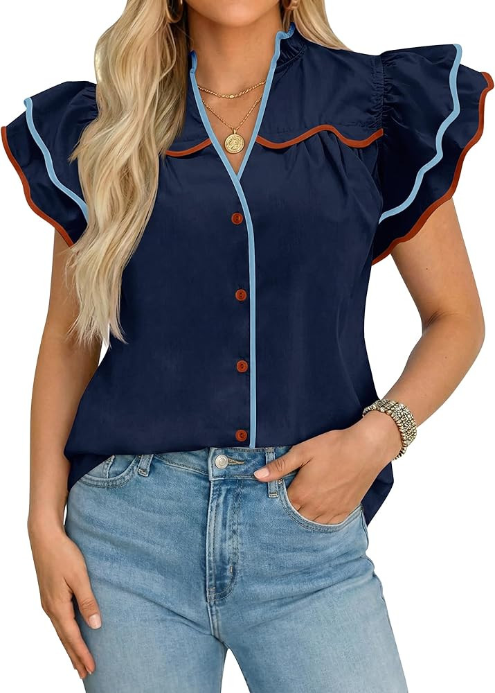 Tankaneo Womens Ruffle Short Sleeve Blouse V Neck Button Down Shirts Color Block Trendy Casual To... | Amazon (US)