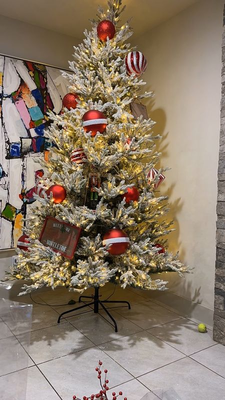 Pre lit flocked Christmas tree, 9’ christmas tree, red and white Christmas ornaments

#LTKSeasonal