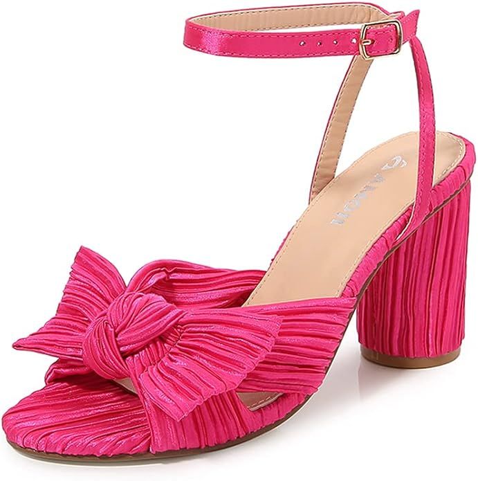 Amoji Women's Block Heeled 3'' Sandal Bowknot Pleated Ankle Strap for Wedding Party Dressing Dres... | Amazon (US)