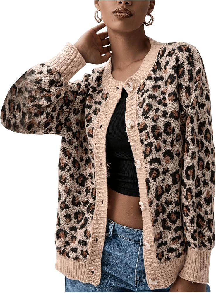 Women's Leopard Print Cardigan Button Front Cardigan Sweaters Crew Neck Drop Shoulder Long Sleeve... | Amazon (US)