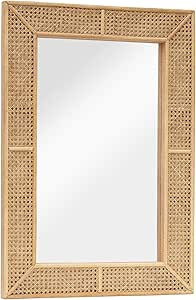 PARISLOFT Wooden and Rattan Mirrors, Boho Rectangle Wall Mirror for Living Room, Bedroom, 37.8'' | Amazon (US)