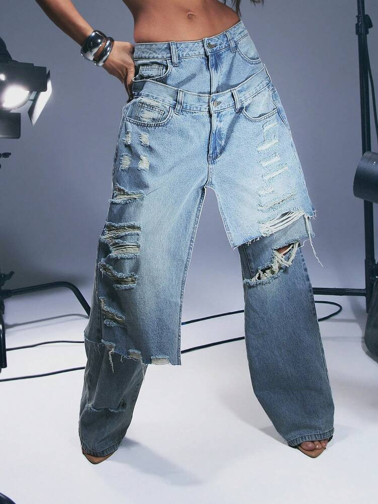 Denimoi Baggy Fit Distressed Frayed Hem Overlapping Denim Jeans | SHEIN