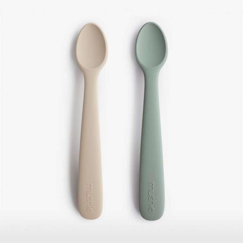 Mushi 2-Pack Silicone Feeding Spoons - Green & Beige + Reviews | Crate & Kids | Crate & Barrel
