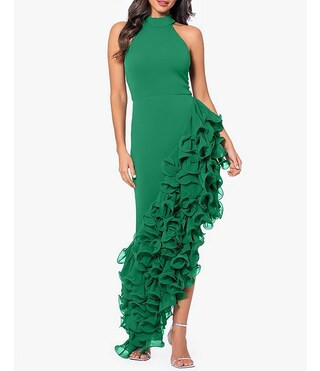 Halter Neck Asymmetrical Ruffle High-Low Gown | Dillard's