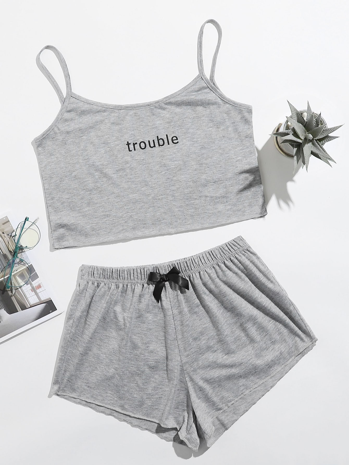 Letter Graphic Bow Front Cami PJ Set | SHEIN