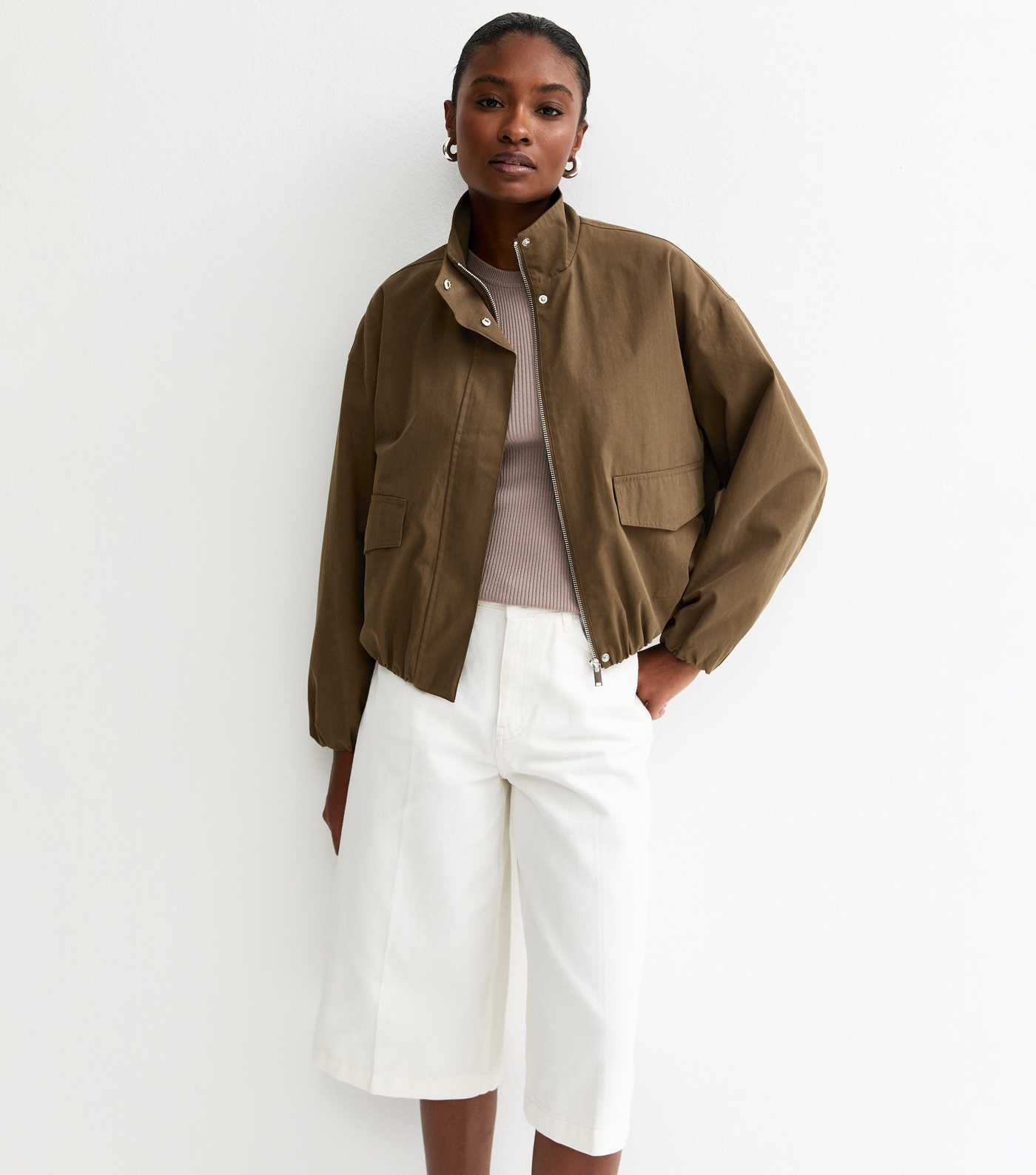 Khaki Brown High Neck Bubble Hem Jacket | New Look | New Look (UK)