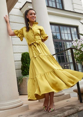 Sadie Maxi Dress Golden Olive Satin | Abbey Glass