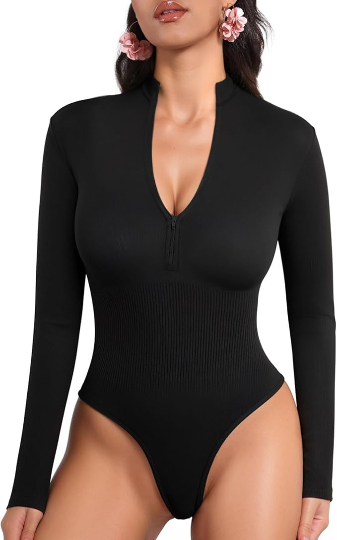 MANGOPOP Long Sleeve Thong bodysuit Shapewear Tummy Control Mock TurtleNeck Zip Up Bodysuits for ... | Amazon (US)