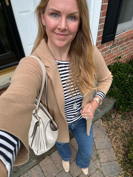 What I wore to work - khaki sweater blazer with striped tee, jeans and loafers

Work tote 

Casual work outfit idea 

#LTKSeasonal #LTKfindsunder100 #LTKworkwear